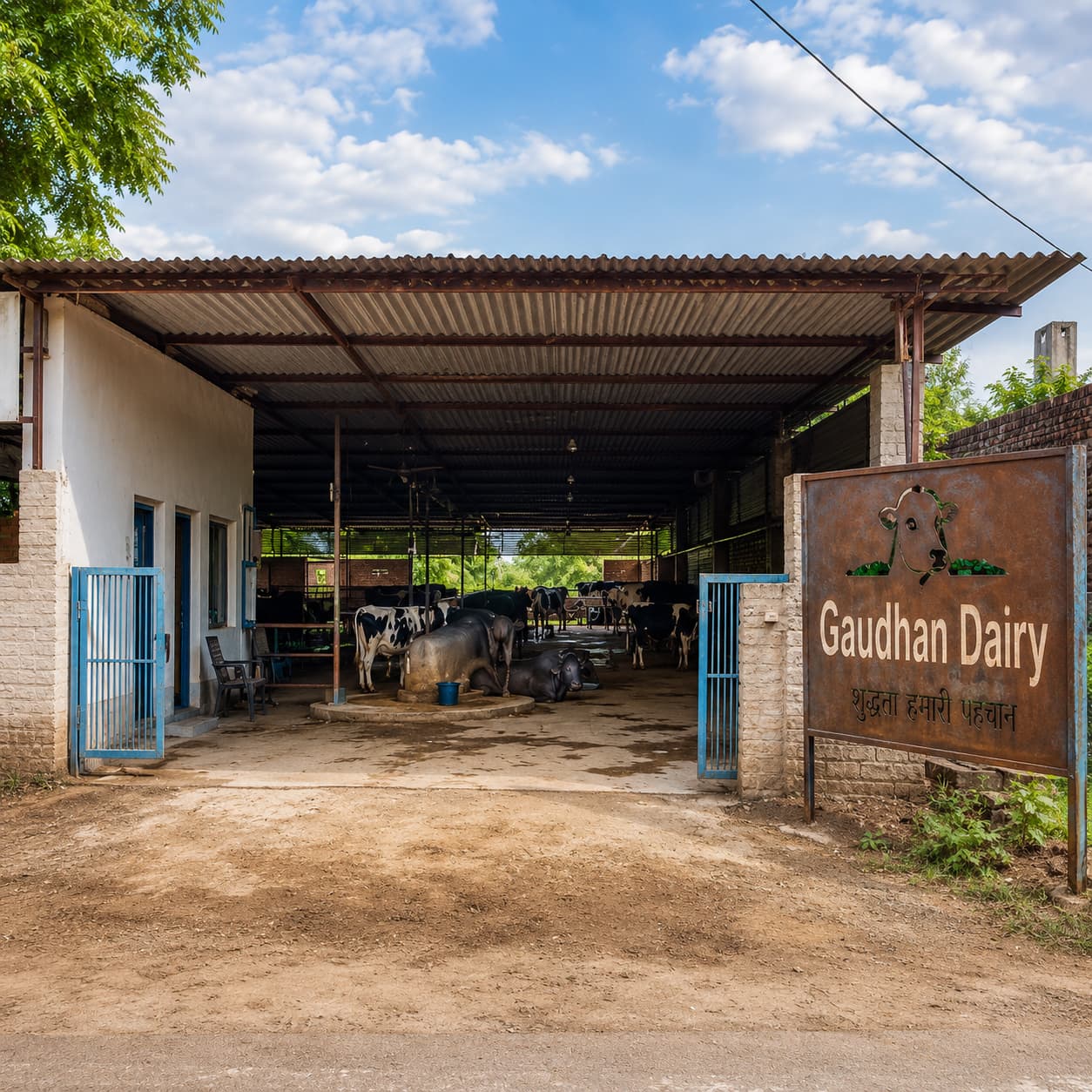 Gaudhan Dairy Farm entrance and dairy shed in Jaipur